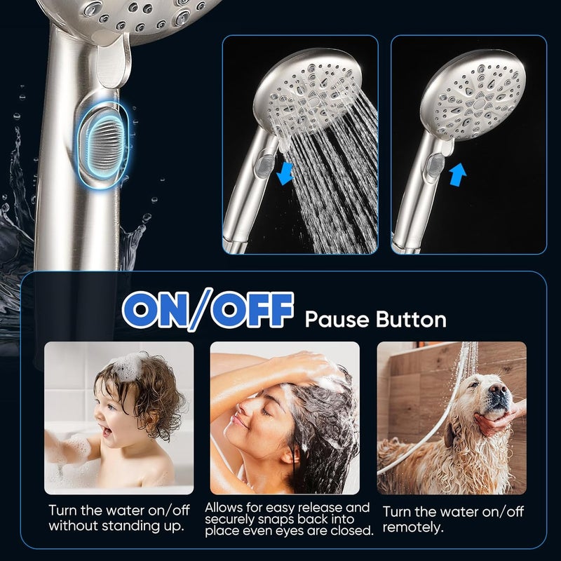 Cobbe High Pressure Shower Head with Built-in Pause Button, 9-Function Detachable Showerhead with Handheld Brass Swivel Bracket & Stainless Steel Hose, Water Saving 1-Click Stop, Brushed Nickel - Image 3